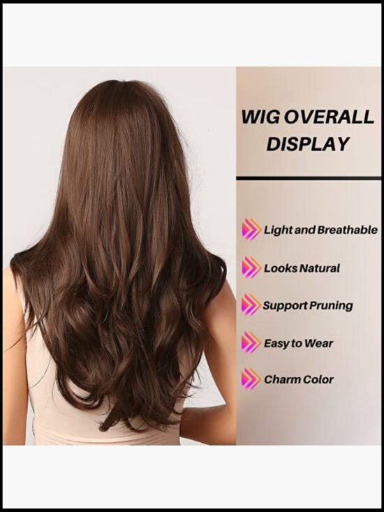 Natural Long Wavy Wig with Bangs Heat Resistant Synthetic Hair for Party Costume